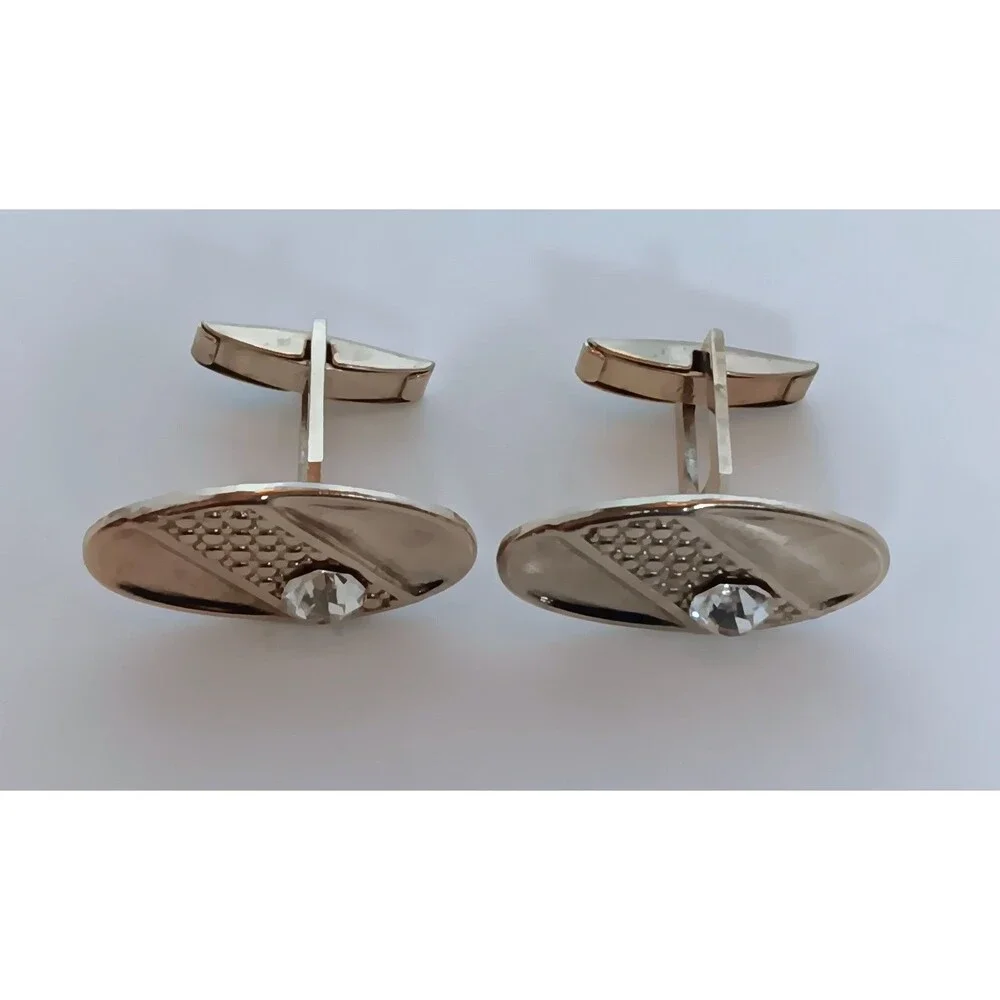 Vintage Shields MCM Mid Century Modern Oval Goldtone Rhinestone Cufflinks